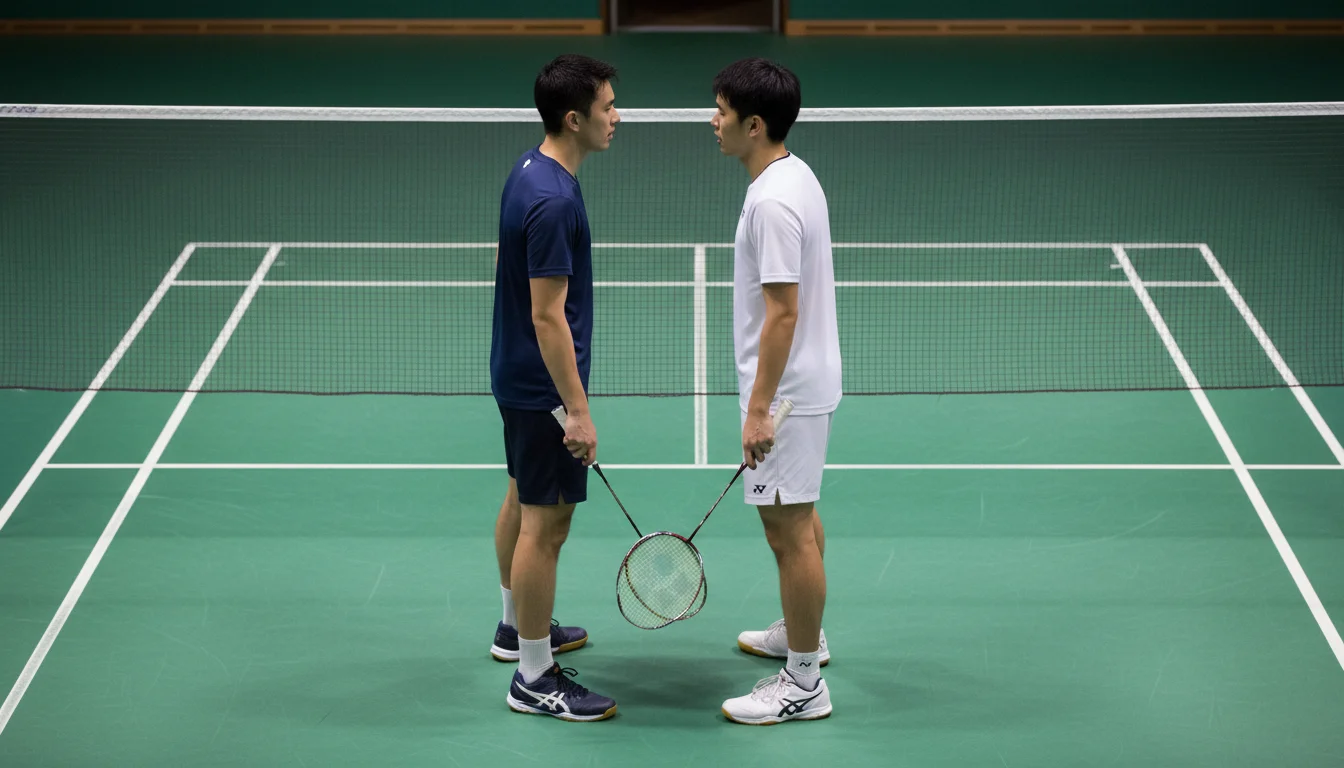 Deux joueurs de badminton face à face au filet avant un match