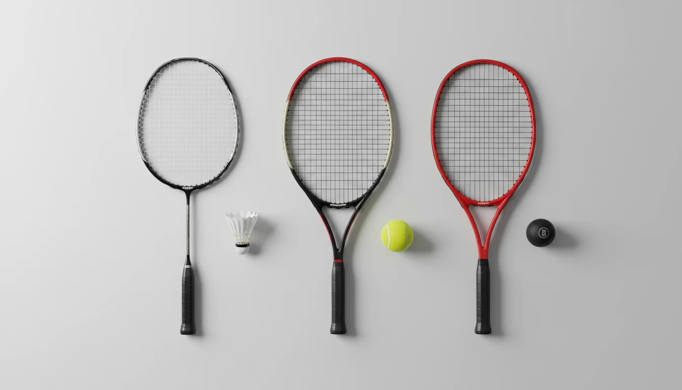 Raquettes de badminton, tennis et squash alignées côte à côte
