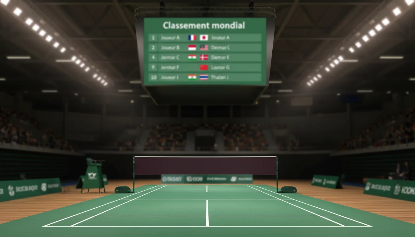 Tableau du classement mondial BWF affiché lors d'un tournoi de badminton