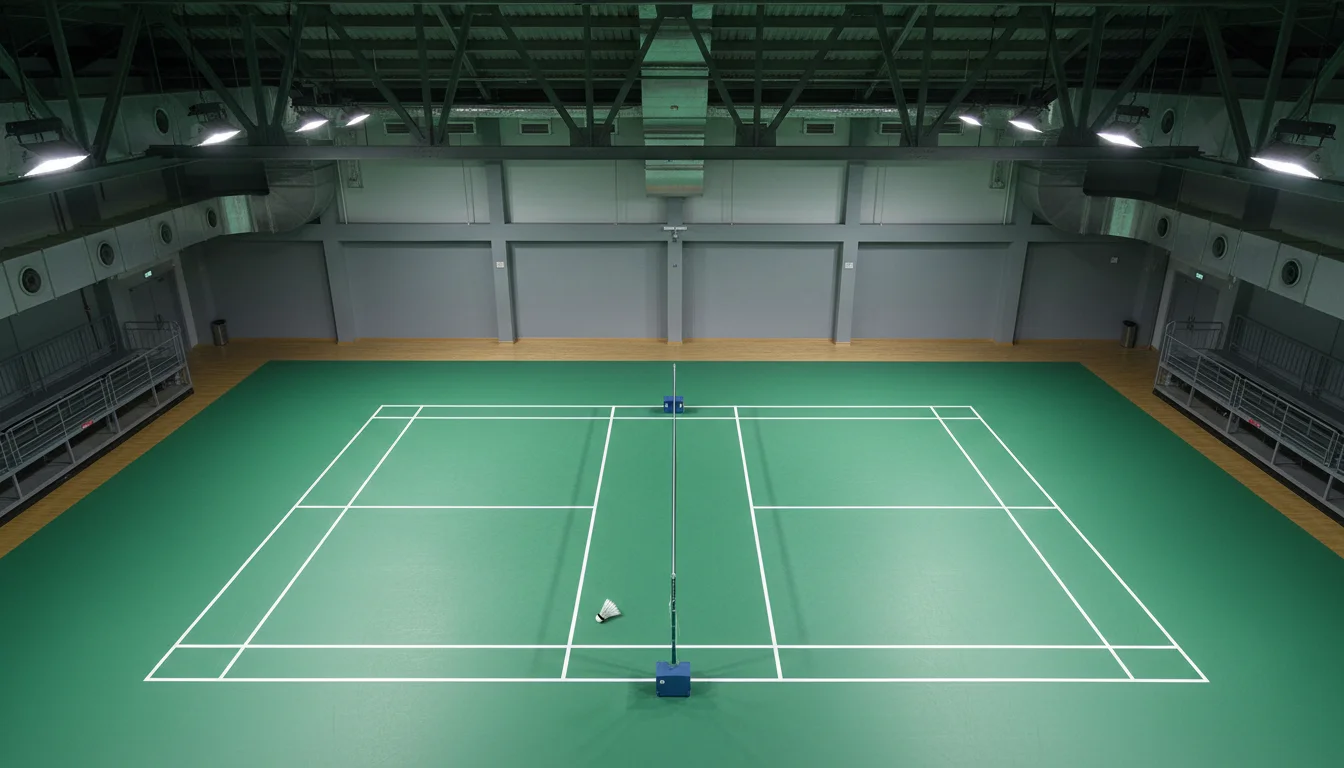 Salle de badminton vue de haut avec éclairage et terrain en PVC