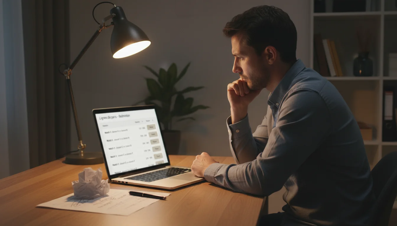 Parieur réfléchissant devant un écran de paris sportifs badminton