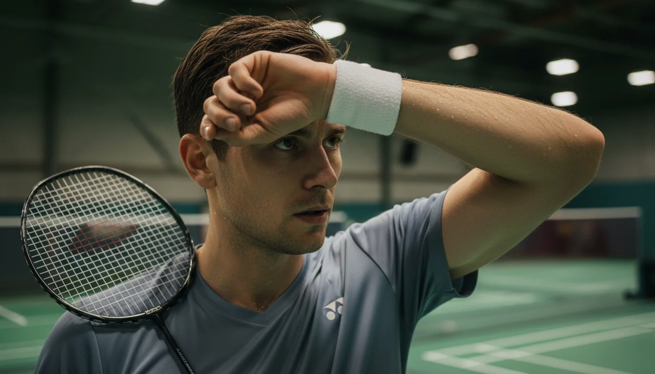 Joueur de badminton concentré lors d'un échauffement avant un tournoi