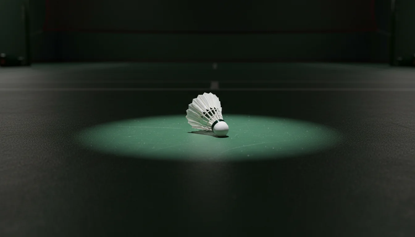 Volant de badminton en plumes posé sur un terrain avec éclairage dramatique