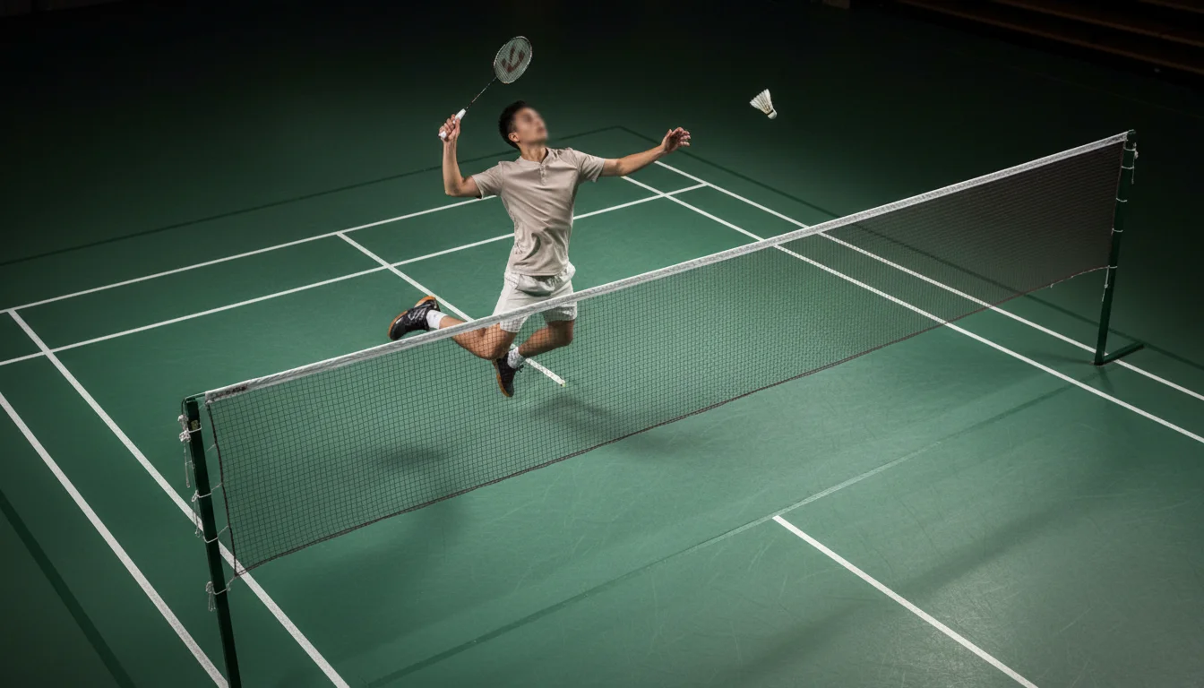 Joueur de badminton au smash lors d'un tournoi BWF