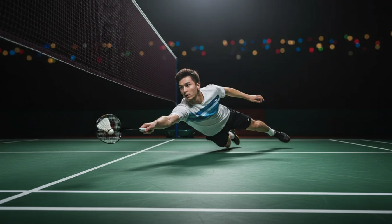 Joueur de badminton en plein echange rapide lors d'un match en direct