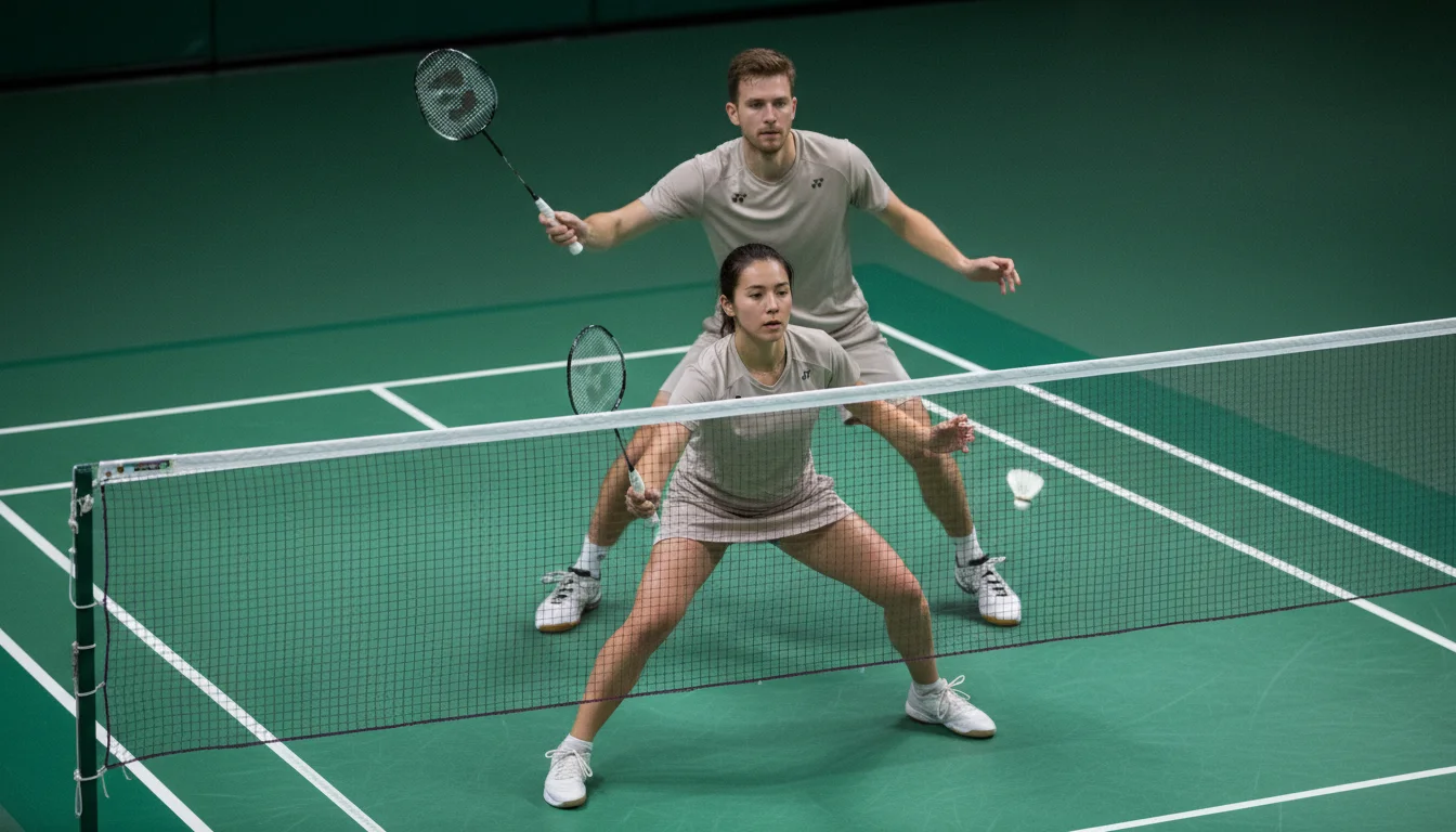 Paire de double mixte au badminton en action sur un terrain de compétition