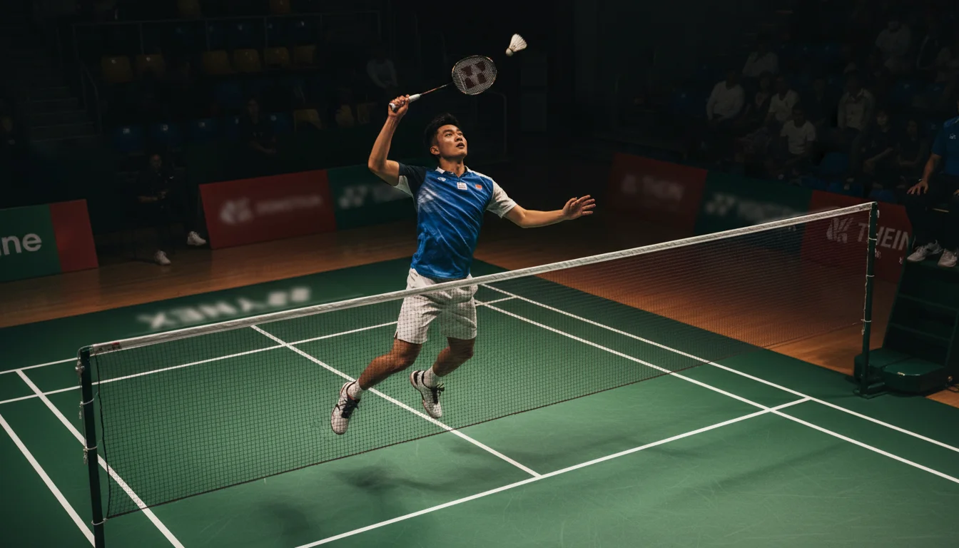 Joueur de badminton en action lors d'un tournoi BWF