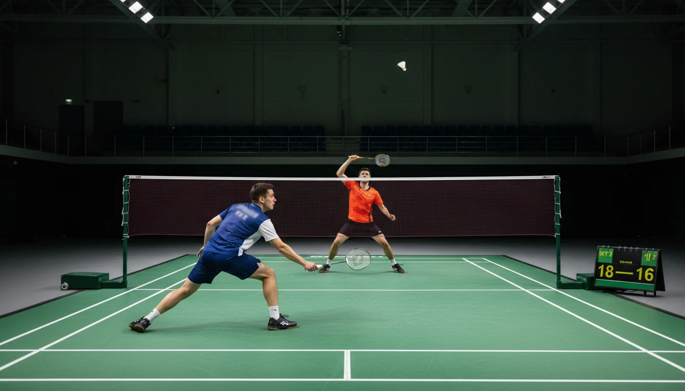 Match de badminton en simple lors d'un tournoi BWF avec joueur au smash