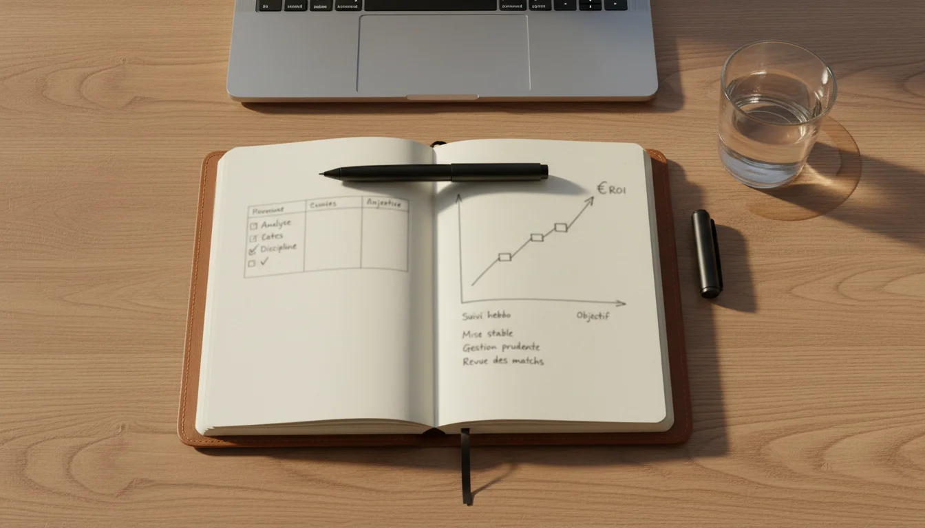 Bloc-notes avec courbe de progression et symbole € sur un bureau