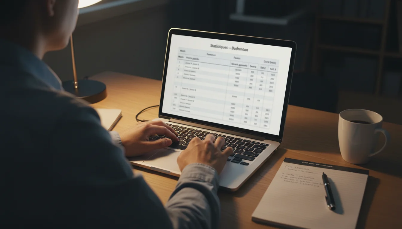 Écran d'ordinateur avec statistiques de matchs de badminton et bloc-notes