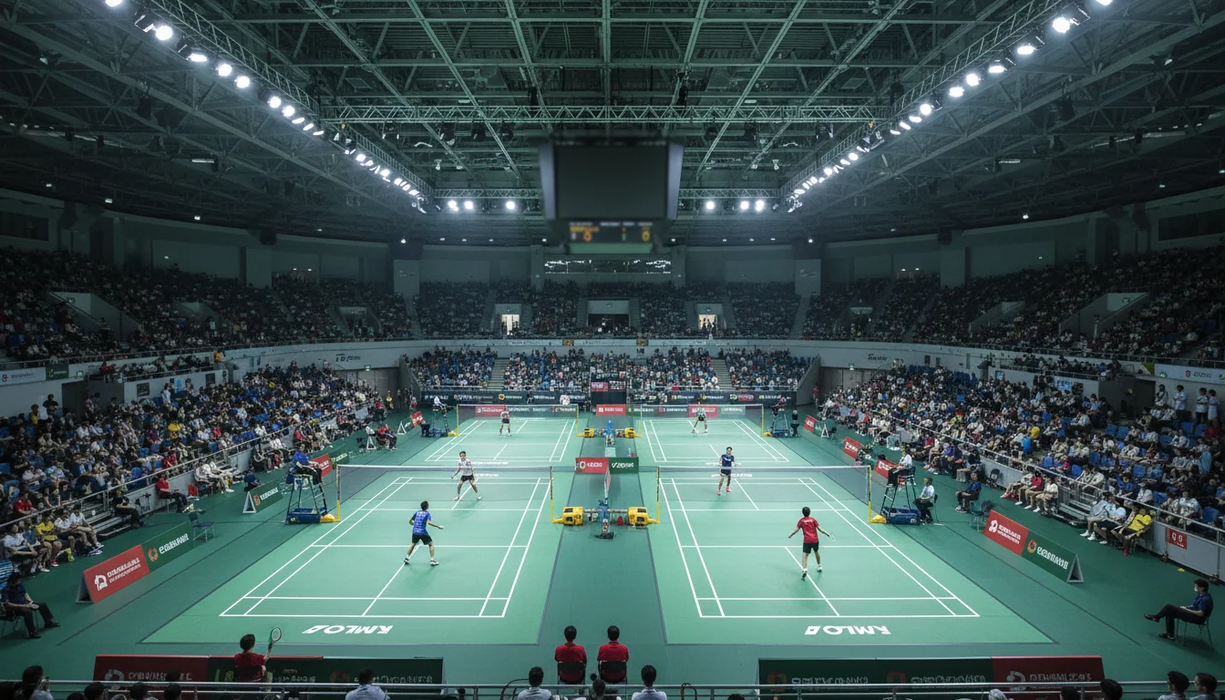 Stade de badminton lors d'un tournoi BWF Super 1000 avec public et terrain eclaire